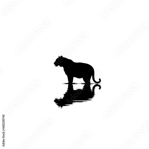 Tiger standing in water with a reflection - simple silhouette icon.