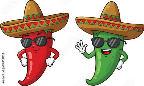 Funny Cartoon Chili Peppers with Sombreros and Sunglasses, Mexican Food Mascot Characters for Cinco de Mayo or Fiesta Designs