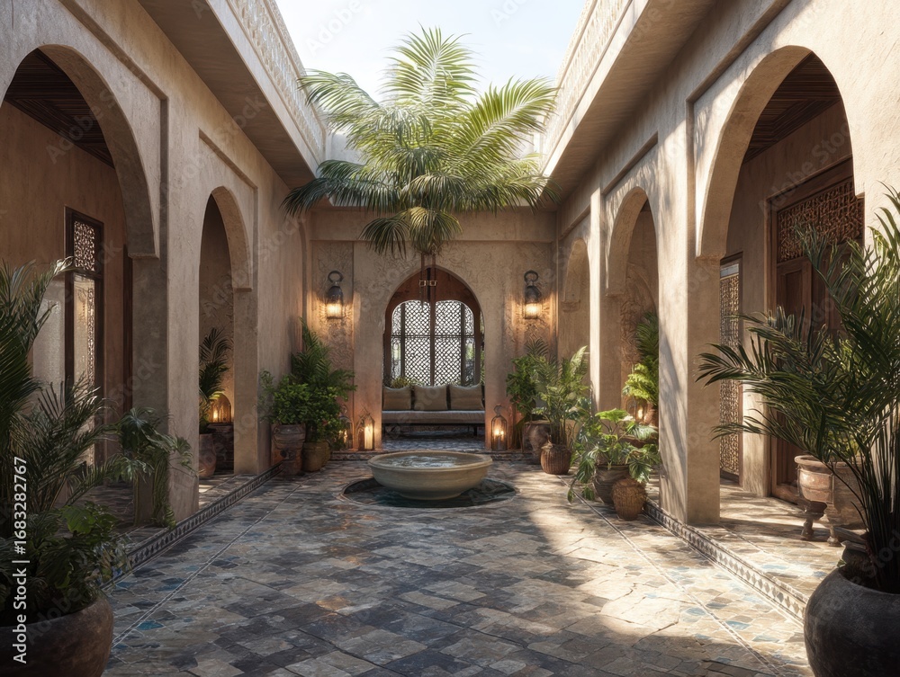 Naklejka premium A courtyard with a fountain in the middle and several potted plants. The courtyard is open and has a lot of natural light