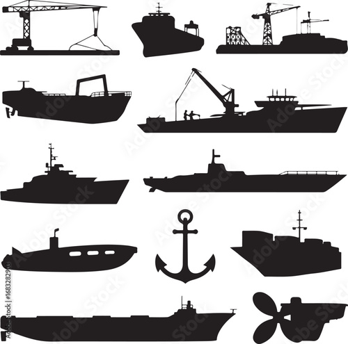 Silhouettes of various ships boats submarines and nautical equipment vessel