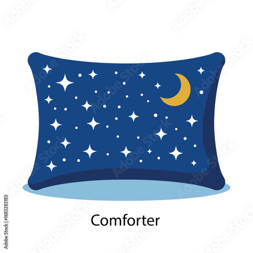 Dark blue comforter with night sky design featuring white stars and yellow crescent moon, ideal for cozy sleep and dreamy bedroom decor