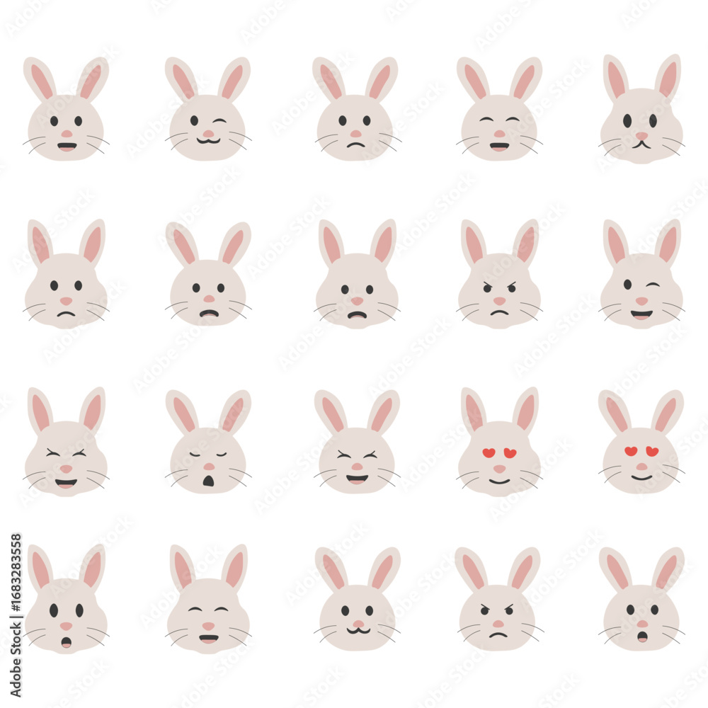 Fototapeta premium A collection of 20 cute bunny faces displaying a variety of emotions and expressions, presented in a grid format.