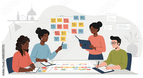 Diverse team members collaborate on a project, brainstorming ideas with sticky notes and planning tasks in a modern office.