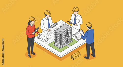 A team of architects and engineers in hard hats reviewing a building model and architectural blueprints.