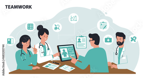 Medical professionals collaborating around a digital tablet, reviewing patient information, discussing treatment options.