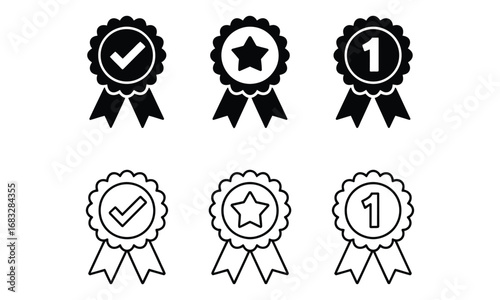 Set of six award ribbon icons with check mark, star, and number one symbols in filled and outline styles, ideal for recognition themes