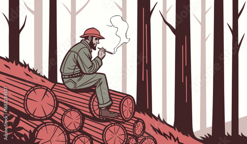 A rugged smuggler sitting on a huge pile of red sandalwood logs in a dense forest, cigarette smoke rising, gritty cinematic lighting, dramatic forest smuggler scene."