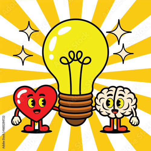 Cartoon heart and brain holding a glowing light bulb together, symbolizing emotional intelligence, creativity, and balanced thinking