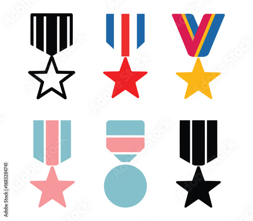 Set of six stylized achievement medals with colorful ribbons and stars, ideal for recognition, awards, military, sports, or honor themes