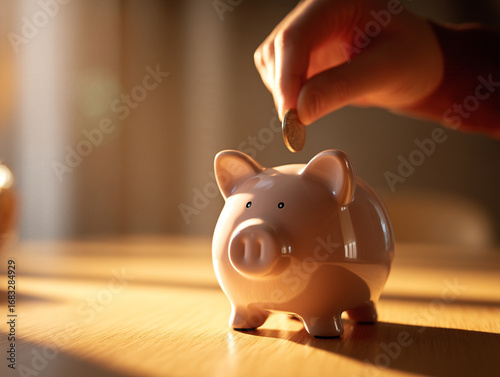 Hand placing a coin into a piggy bank during sunset in a warm, cozy room
