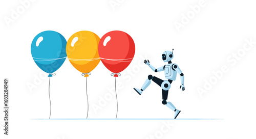 Futuristic robot chases colorful balloons, embodying AI advancement and playful innovation in technology.