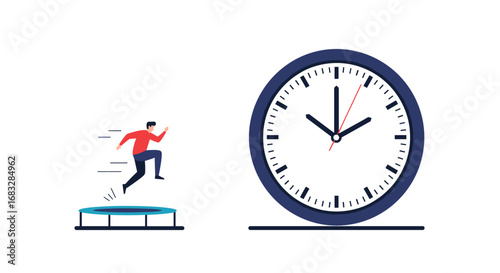 Man jumping on trampoline near clock, representing time management and energetic progress