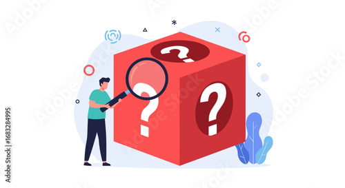 Curious person examining a giant red cube with question marks using a magnifying glass