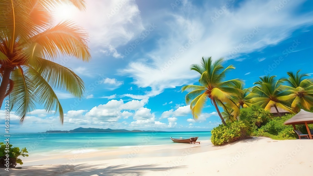 Fototapeta premium tropical beach with palm trees sunlight creating awesome vibe 