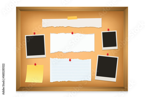 Bulletin board template with empty photo frame, blank paper and sticky notes Vector illustration	
