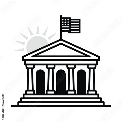Stylized illustration of U.S. presidential building with columns, flag, and sunburst, symbolizing democracy, justice, and national authority