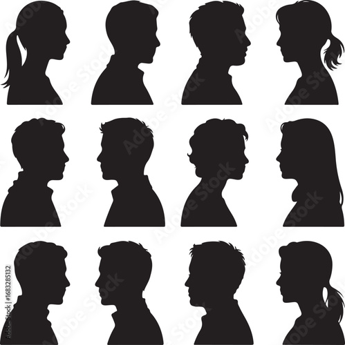 Twelve black silhouette profile portraits of diverse men and women people