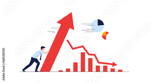 Determined businessman pushes upward arrow to reverse declining business graph and charts