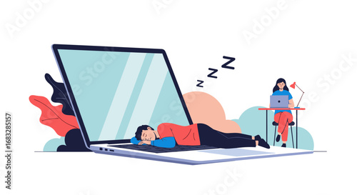 Overworked businessman collapses on laptop keyboard while colleague works diligently at desk