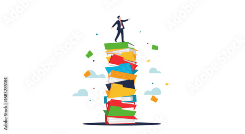 Ambitious businessman surveys future success from atop a towering stack of colorful documents and files.