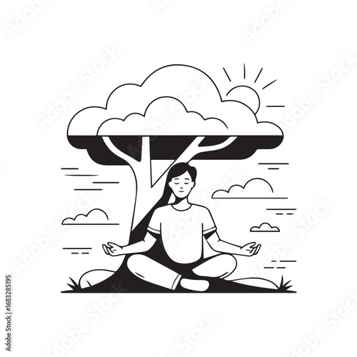 Person meditating peacefully under a tree with sun and clouds in the background, representing mindfulness and tranquility technology background