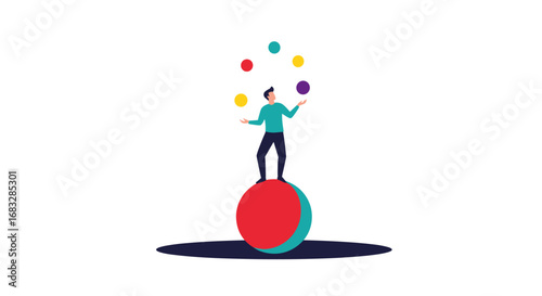 Skilled individual masterfully juggles multiple tasks while balancing precariously on a large sphere