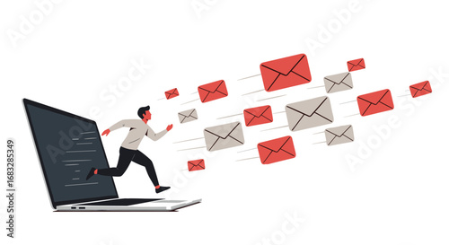 Man runs out of laptop screen chasing a stream of digital mail, representing email communication and digital marketing.