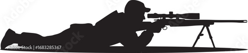 Black silhouette of a sniper aiming a rifle with a scope on a tripod weapon