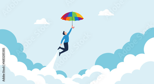 Man soars through clouds holding colorful umbrella, symbolizing dreams and aspirations taking flight