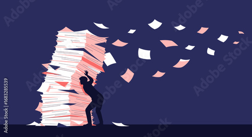 Overwhelmed by workload, a silhouette struggles against a massive stack of papers flying around.