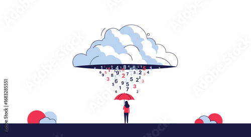 Woman shielding from data storm with umbrella, symbolizing protection against overwhelming information overload.