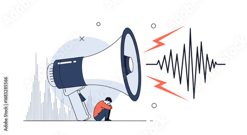 Overwhelmed by loud noise, stressed person hides from amplified sound waves emanating from a megaphone