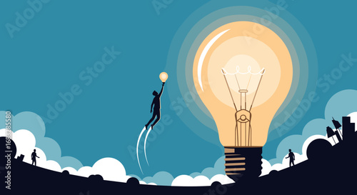 Ambitious person soars towards giant light bulb seeking inspiration and innovation