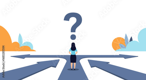 Woman faces branching paths under a large question mark symbolizing choice and decision making.