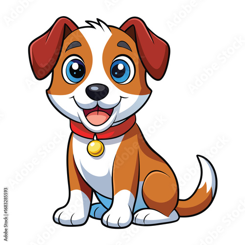 Happy Cartoon Dog with Red Collar puppy illustration Vector illutration isolated on white background
