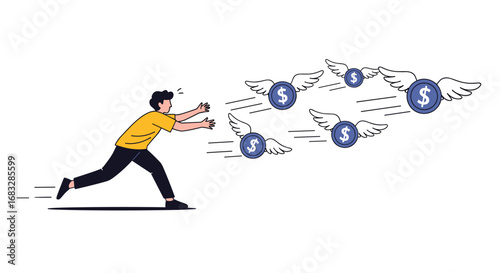 Man chasing flying money symbolizing financial loss or missed opportunities