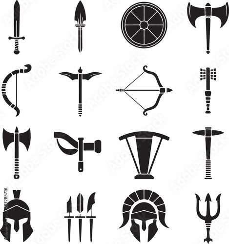 Ancient weapons and armor icons for historical combat and warfare Keywords: sword, spear, shield