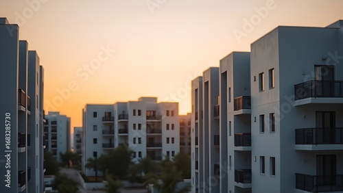 Modern residential buildings under warm sunset light, featuring clean architectural lines.