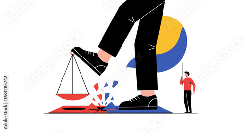 Giant foot crushes scale disrupting small man's presentation on balance