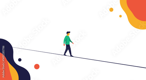 Man confidently walks tightrope symbolizing balance, risk, and career progression in abstract design