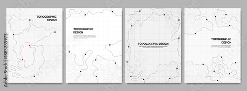 Vector illustration. Topographic concept. Set of minimal design banner for print. Black color lines on white background. Retro poster graphic. Map with marks and trails. Line art pattern design