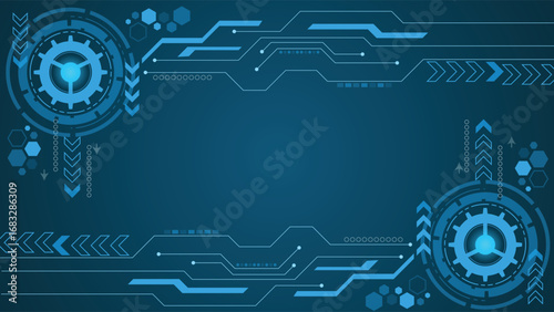 Modern futuristic background with digital circuit lines and abstract gear elements in blue, ideal for technology, innovation, cyber, data, and digital themed projects
