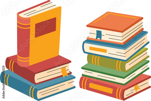 Cartoon books and school textbooks with bookmark, reading literature concept, stacked and open and stack book, library and bookshelf elements, study and education design. Vector isolated set on white 