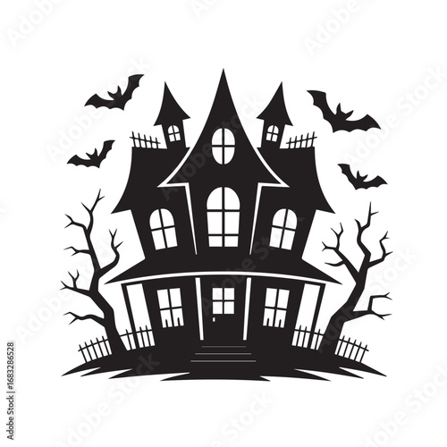 Spooky haunted house with bats and dead trees, halloween theme, isolated on white background technology background
