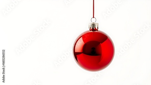 A glossy red ornament suspended against a pure white backdrop, embodying minimalist holiday charm.