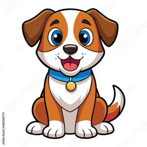 Cheerful Cartoon Puppy with Blue Collar illustration Vector illutration isolated on white background