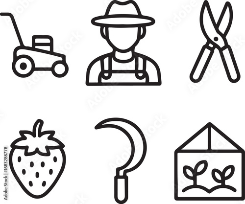 Gardening And Farming Icons In Black Outline lawnmower