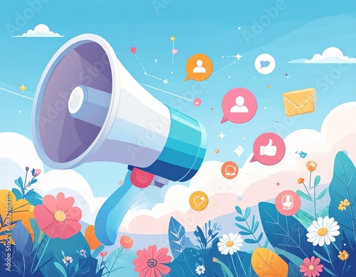 Hand holding megaphone promotes social media engagement with floating icons and floral decorations against a bright blue sky, creating a vibrant and modern communication concept.