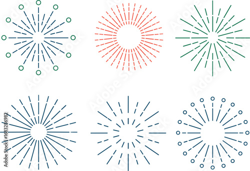 Line firecrackers. Colorful radial firework linear sun icons, circular fireworks starburst explosion with sparkles. Vibrant festive decoration, celebration design, overlay effect. Simple vector set on