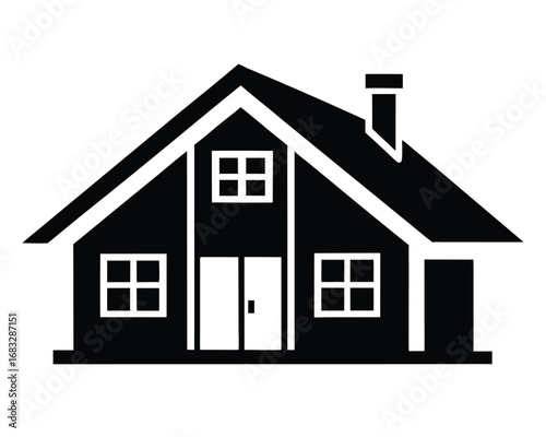 Solid black silhouette of a residential house with a chimney.eps